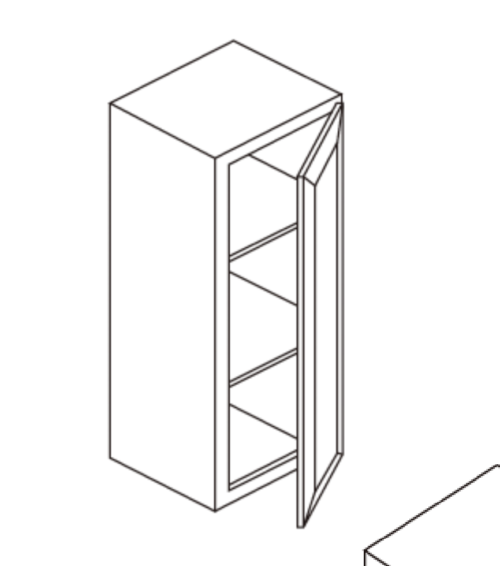 3D wireframe of a cabinet with a partially open door and three shelves.